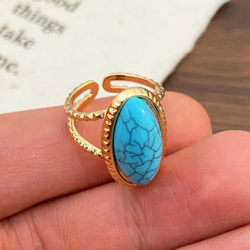 Vintage Metal Brown Stone Open Rings for Women Fashion Gold Color Geometric Oval Double Layered Adjustable Rings Jewelry Gifts