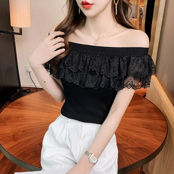 Sexy Ladies Tops Summer Blouse for Women 2024 Blusas Mujer De Moda Patchwork Lace Ruffles Blouses Tunic Sweet Knitted Shirts