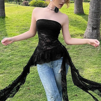Summer Women Sexy Lace Splice Tube Top Vest Irregular Ruffle Hem Slim Fit Pure Desire Spicy Style Fashion Outwear Tops