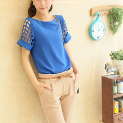 Summer Blouse Sexy Women Ladies Hollow Sleeve Slash Neck Loose Solid Shirts Casual Tops