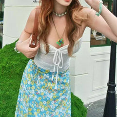 Summer Beach Vacation Floral Tube Top For Women Lace Up Camisole Sexy Backless Basic Top Halter Camis Y2k Streetwear